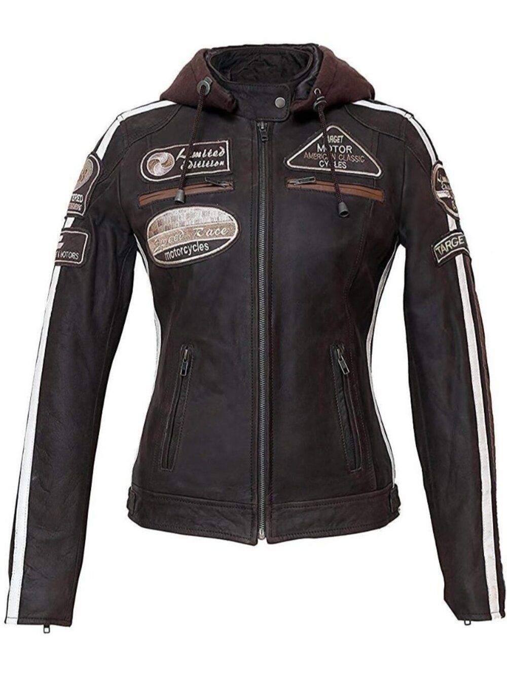 Women’s Brown Vintage Moto Biker Jacket Removable Hood Retro Patch Leather Coat